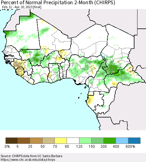 Western Africa Percent of Normal Precipitation 2-Month (CHIRPS) Thematic Map For 2/11/2023 - 4/10/2023