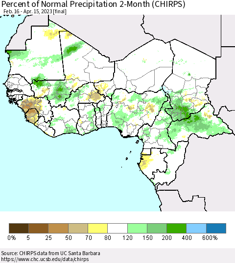 Western Africa Percent of Normal Precipitation 2-Month (CHIRPS) Thematic Map For 2/16/2023 - 4/15/2023