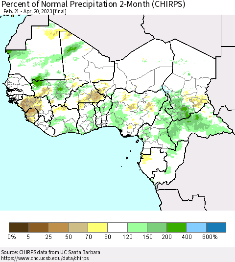 Western Africa Percent of Normal Precipitation 2-Month (CHIRPS) Thematic Map For 2/21/2023 - 4/20/2023
