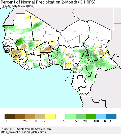 Western Africa Percent of Normal Precipitation 2-Month (CHIRPS) Thematic Map For 2/26/2023 - 4/25/2023
