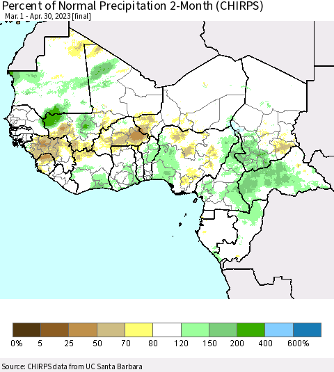 Western Africa Percent of Normal Precipitation 2-Month (CHIRPS) Thematic Map For 3/1/2023 - 4/30/2023