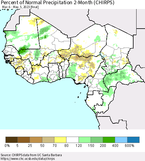Western Africa Percent of Normal Precipitation 2-Month (CHIRPS) Thematic Map For 3/6/2023 - 5/5/2023