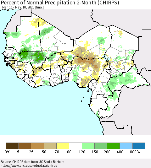 Western Africa Percent of Normal Precipitation 2-Month (CHIRPS) Thematic Map For 3/11/2023 - 5/10/2023