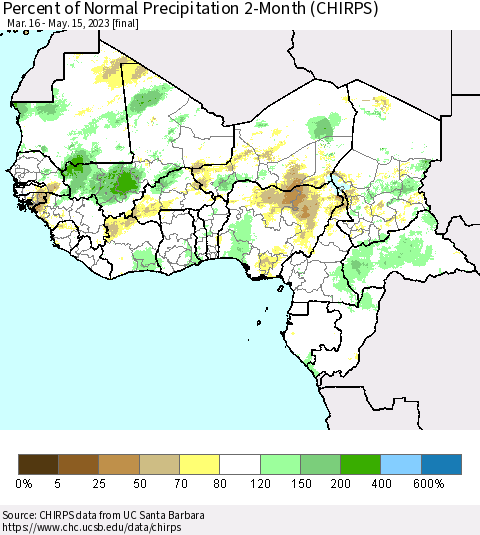Western Africa Percent of Normal Precipitation 2-Month (CHIRPS) Thematic Map For 3/16/2023 - 5/15/2023