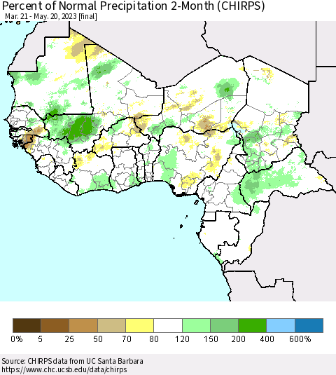 Western Africa Percent of Normal Precipitation 2-Month (CHIRPS) Thematic Map For 3/21/2023 - 5/20/2023