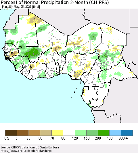 Western Africa Percent of Normal Precipitation 2-Month (CHIRPS) Thematic Map For 3/26/2023 - 5/25/2023