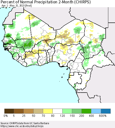 Western Africa Percent of Normal Precipitation 2-Month (CHIRPS) Thematic Map For 4/1/2023 - 5/31/2023