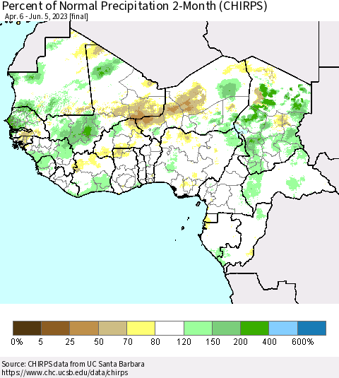 Western Africa Percent of Normal Precipitation 2-Month (CHIRPS) Thematic Map For 4/6/2023 - 6/5/2023