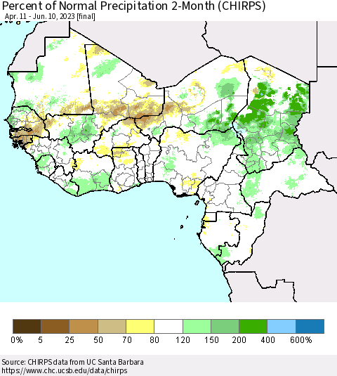 Western Africa Percent of Normal Precipitation 2-Month (CHIRPS) Thematic Map For 4/11/2023 - 6/10/2023