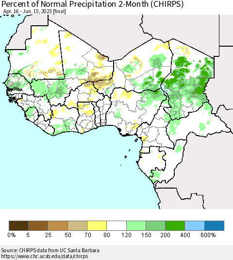 Western Africa Percent of Normal Precipitation 2-Month (CHIRPS) Thematic Map For 4/16/2023 - 6/15/2023