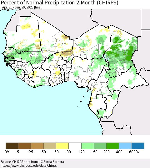 Western Africa Percent of Normal Precipitation 2-Month (CHIRPS) Thematic Map For 4/21/2023 - 6/20/2023