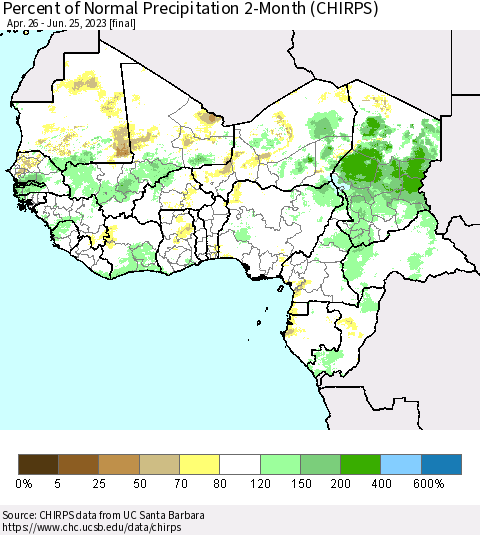 Western Africa Percent of Normal Precipitation 2-Month (CHIRPS) Thematic Map For 4/26/2023 - 6/25/2023