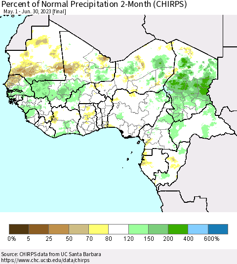 Western Africa Percent of Normal Precipitation 2-Month (CHIRPS) Thematic Map For 5/1/2023 - 6/30/2023