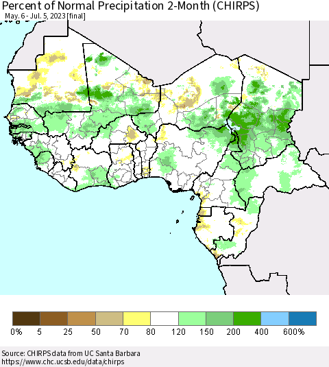 Western Africa Percent of Normal Precipitation 2-Month (CHIRPS) Thematic Map For 5/6/2023 - 7/5/2023