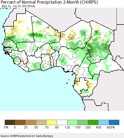 Western Africa Percent of Normal Precipitation 2-Month (CHIRPS) Thematic Map For 5/11/2023 - 7/10/2023