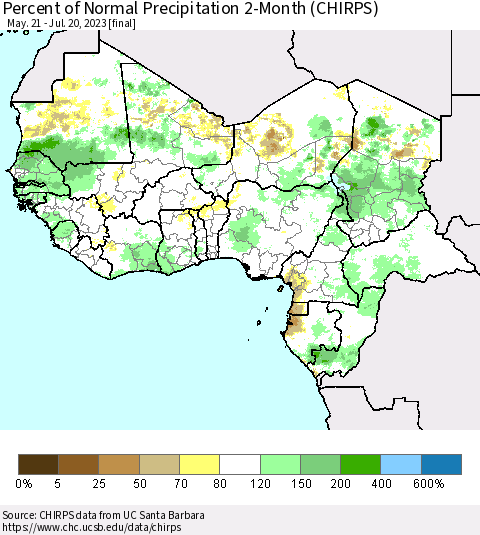 Western Africa Percent of Normal Precipitation 2-Month (CHIRPS) Thematic Map For 5/21/2023 - 7/20/2023