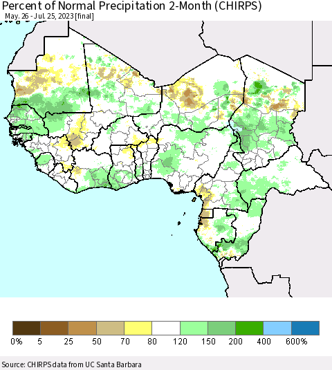 Western Africa Percent of Normal Precipitation 2-Month (CHIRPS) Thematic Map For 5/26/2023 - 7/25/2023