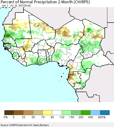 Western Africa Percent of Normal Precipitation 2-Month (CHIRPS) Thematic Map For 6/1/2023 - 7/31/2023