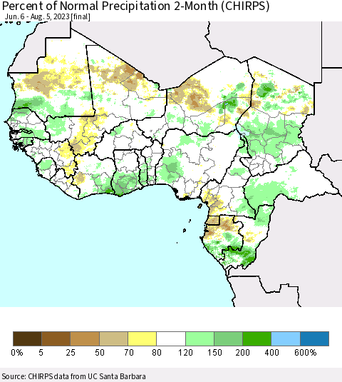 Western Africa Percent of Normal Precipitation 2-Month (CHIRPS) Thematic Map For 6/6/2023 - 8/5/2023