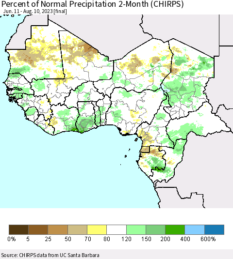 Western Africa Percent of Normal Precipitation 2-Month (CHIRPS) Thematic Map For 6/11/2023 - 8/10/2023