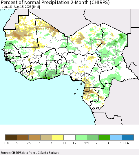 Western Africa Percent of Normal Precipitation 2-Month (CHIRPS) Thematic Map For 6/16/2023 - 8/15/2023