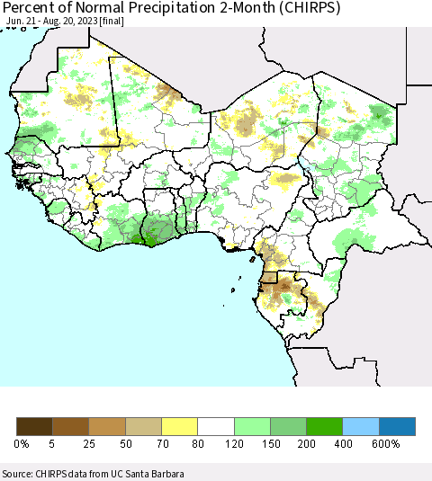 Western Africa Percent of Normal Precipitation 2-Month (CHIRPS) Thematic Map For 6/21/2023 - 8/20/2023
