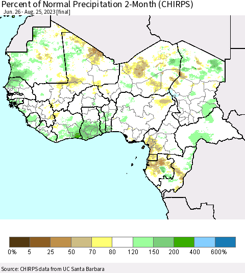 Western Africa Percent of Normal Precipitation 2-Month (CHIRPS) Thematic Map For 6/26/2023 - 8/25/2023