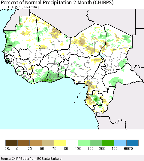 Western Africa Percent of Normal Precipitation 2-Month (CHIRPS) Thematic Map For 7/1/2023 - 8/31/2023
