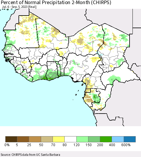 Western Africa Percent of Normal Precipitation 2-Month (CHIRPS) Thematic Map For 7/6/2023 - 9/5/2023