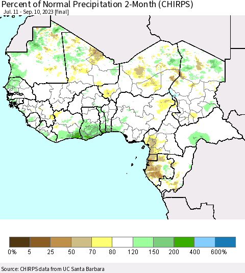 Western Africa Percent of Normal Precipitation 2-Month (CHIRPS) Thematic Map For 7/11/2023 - 9/10/2023