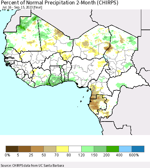 Western Africa Percent of Normal Precipitation 2-Month (CHIRPS) Thematic Map For 7/16/2023 - 9/15/2023