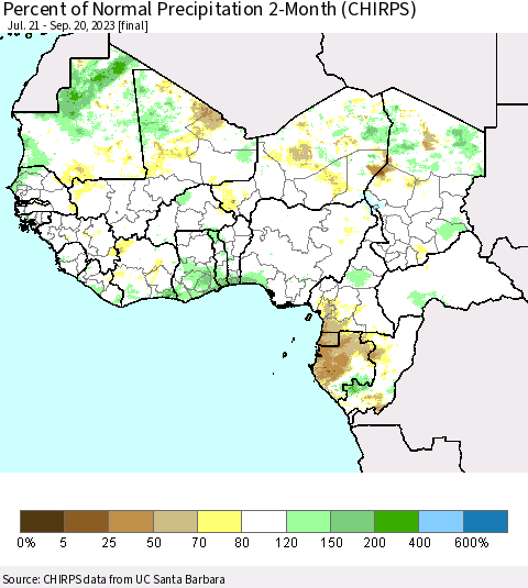 Western Africa Percent of Normal Precipitation 2-Month (CHIRPS) Thematic Map For 7/21/2023 - 9/20/2023
