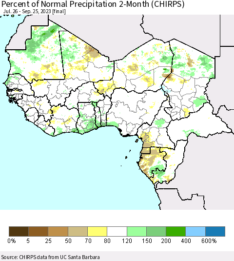 Western Africa Percent of Normal Precipitation 2-Month (CHIRPS) Thematic Map For 7/26/2023 - 9/25/2023