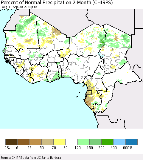 Western Africa Percent of Normal Precipitation 2-Month (CHIRPS) Thematic Map For 8/1/2023 - 9/30/2023
