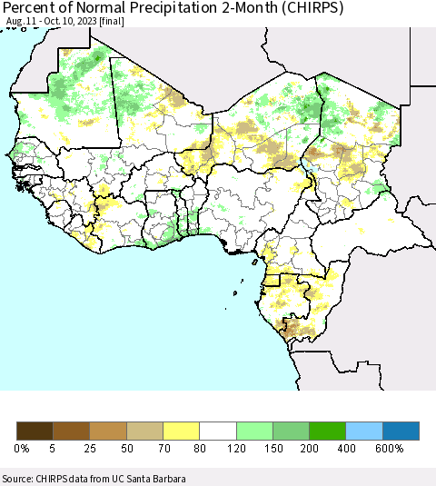 Western Africa Percent of Normal Precipitation 2-Month (CHIRPS) Thematic Map For 8/11/2023 - 10/10/2023