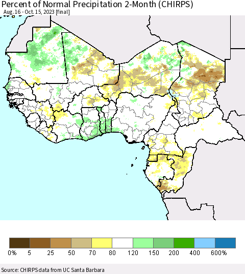 Western Africa Percent of Normal Precipitation 2-Month (CHIRPS) Thematic Map For 8/16/2023 - 10/15/2023