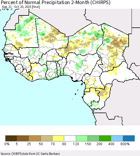 Western Africa Percent of Normal Precipitation 2-Month (CHIRPS) Thematic Map For 8/21/2023 - 10/20/2023