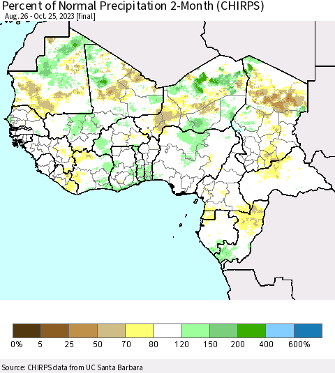 Western Africa Percent of Normal Precipitation 2-Month (CHIRPS) Thematic Map For 8/26/2023 - 10/25/2023