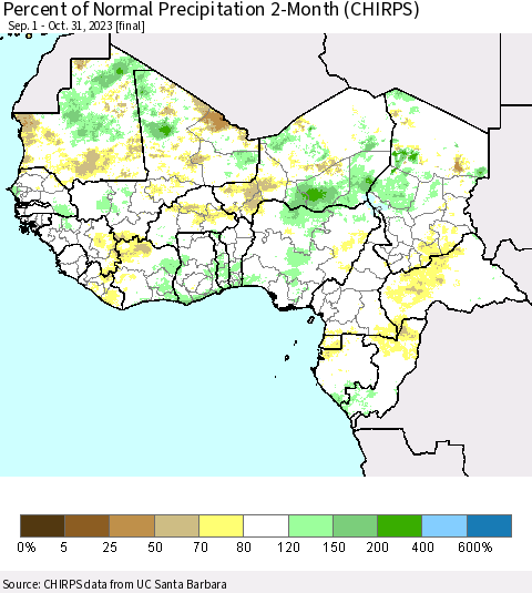 Western Africa Percent of Normal Precipitation 2-Month (CHIRPS) Thematic Map For 9/1/2023 - 10/31/2023