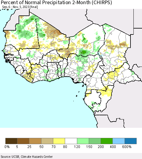 Western Africa Percent of Normal Precipitation 2-Month (CHIRPS) Thematic Map For 9/6/2023 - 11/5/2023