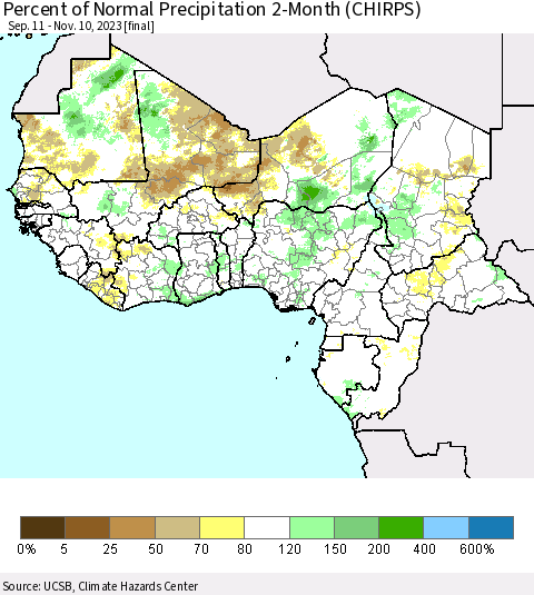 Western Africa Percent of Normal Precipitation 2-Month (CHIRPS) Thematic Map For 9/11/2023 - 11/10/2023