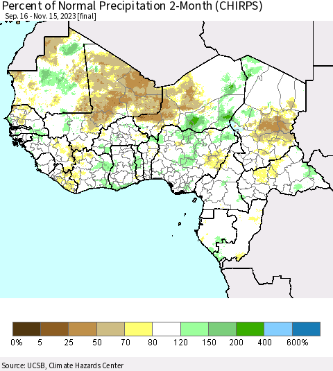 Western Africa Percent of Normal Precipitation 2-Month (CHIRPS) Thematic Map For 9/16/2023 - 11/15/2023