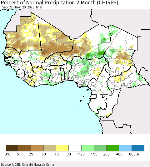 Western Africa Percent of Normal Precipitation 2-Month (CHIRPS) Thematic Map For 9/21/2023 - 11/20/2023