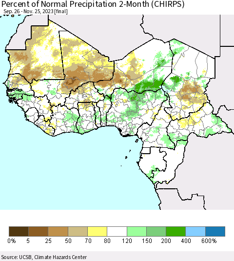 Western Africa Percent of Normal Precipitation 2-Month (CHIRPS) Thematic Map For 9/26/2023 - 11/25/2023