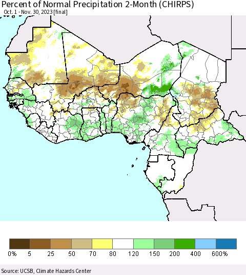 Western Africa Percent of Normal Precipitation 2-Month (CHIRPS) Thematic Map For 10/1/2023 - 11/30/2023