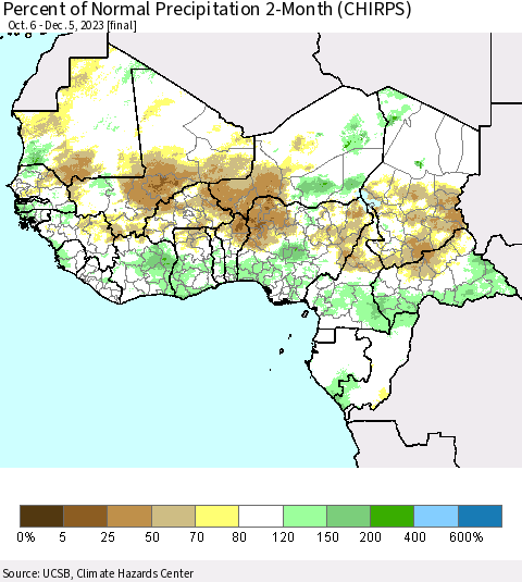 Western Africa Percent of Normal Precipitation 2-Month (CHIRPS) Thematic Map For 10/6/2023 - 12/5/2023
