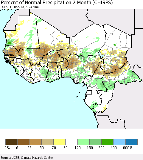 Western Africa Percent of Normal Precipitation 2-Month (CHIRPS) Thematic Map For 10/11/2023 - 12/10/2023
