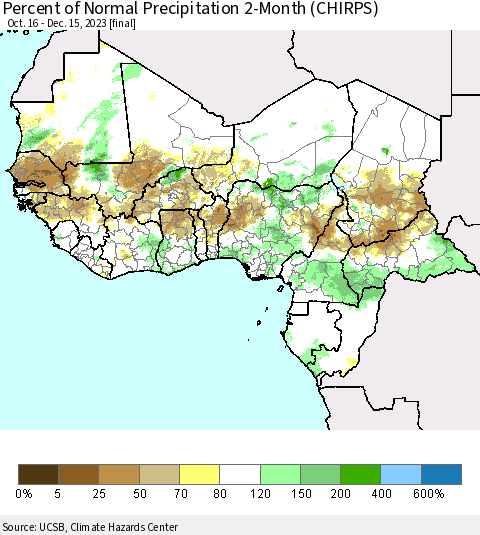 Western Africa Percent of Normal Precipitation 2-Month (CHIRPS) Thematic Map For 10/16/2023 - 12/15/2023