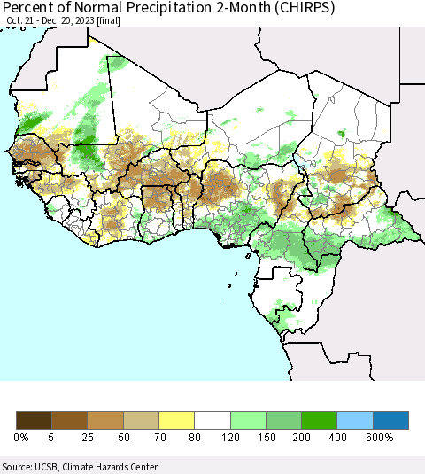 Western Africa Percent of Normal Precipitation 2-Month (CHIRPS) Thematic Map For 10/21/2023 - 12/20/2023