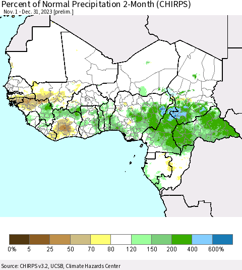 Western Africa Percent of Normal Precipitation 2-Month (CHIRPS) Thematic Map For 11/1/2023 - 12/31/2023
